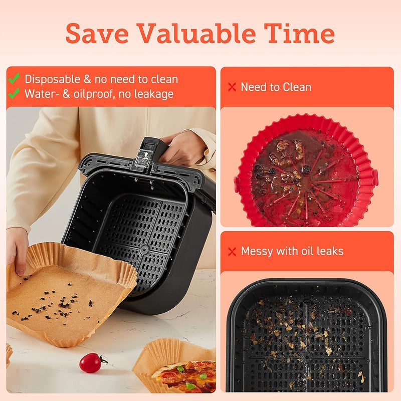 COSORI Air Fryer Liners, 100 PCS Square Disposable Paper Liners, Non-Stick Silicone Oil Coating, Little to No Cleaning, 6.5" Unbleached Food Grade, Resistant to 465°F, Thickened Not Easy to Break - Image 3