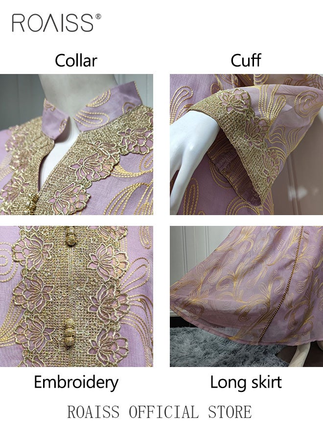 roaiss Women Muslim Long Sleeve Abaya Middle Eastern Flowing Dress Loose Fit Suitable for Everyday Wear Printed Pattern Suitable for Banquets and Parties Light Purple - Image 4