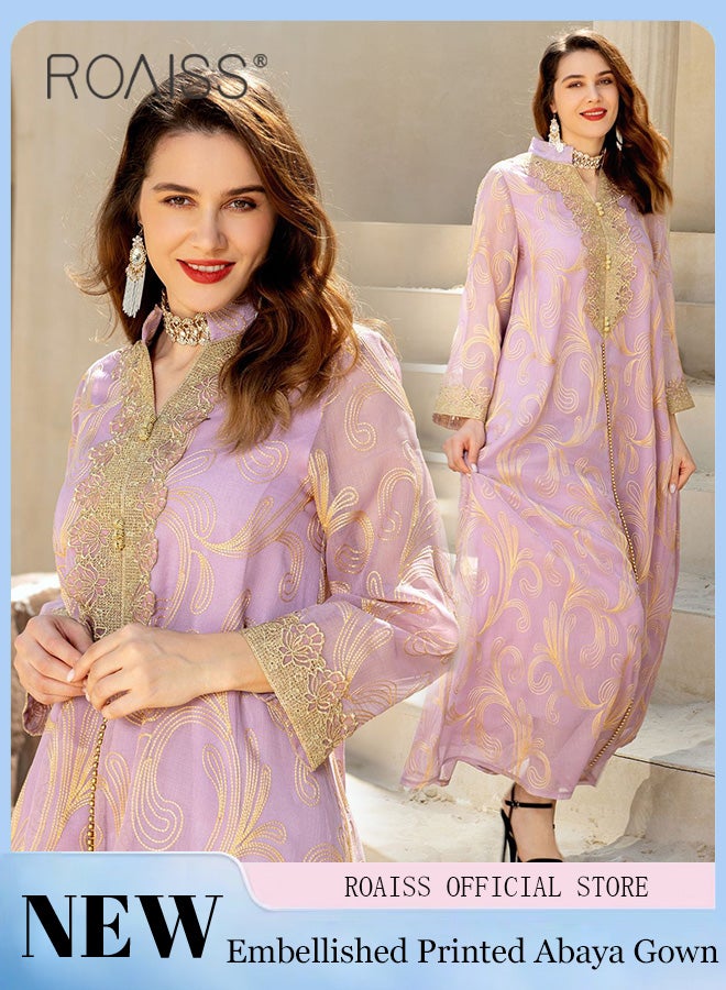 roaiss Women Muslim Long Sleeve Abaya Middle Eastern Flowing Dress Loose Fit Suitable for Everyday Wear Printed Pattern Suitable for Banquets and Parties Light Purple - Image 2