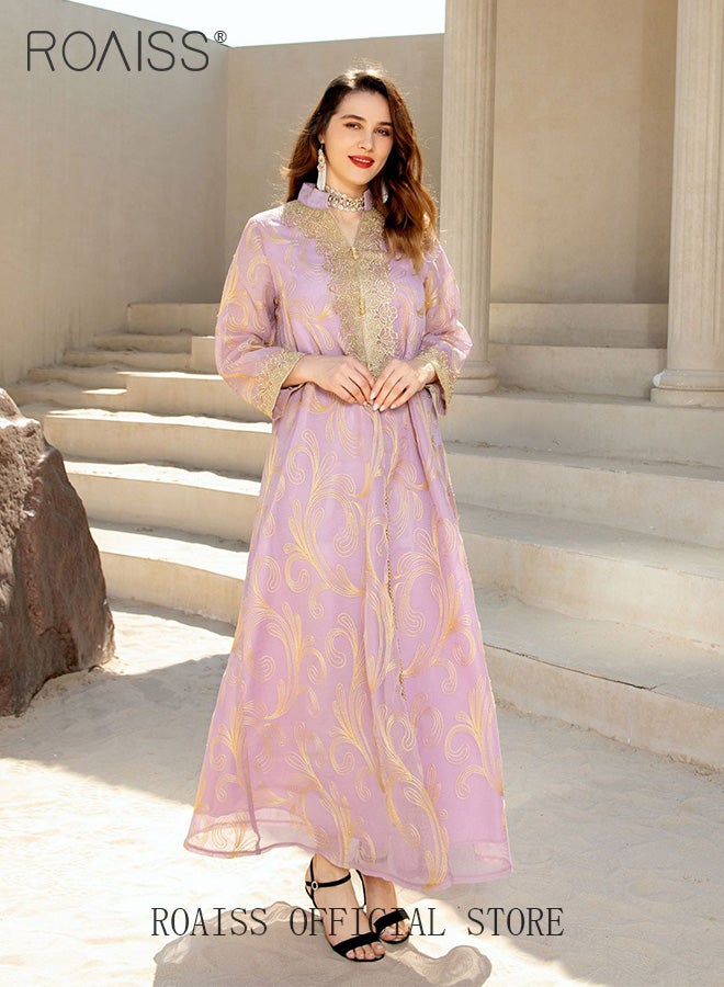 roaiss Women Muslim Long Sleeve Abaya Middle Eastern Flowing Dress Loose Fit Suitable for Everyday Wear Printed Pattern Suitable for Banquets and Parties Light Purple - Image 1