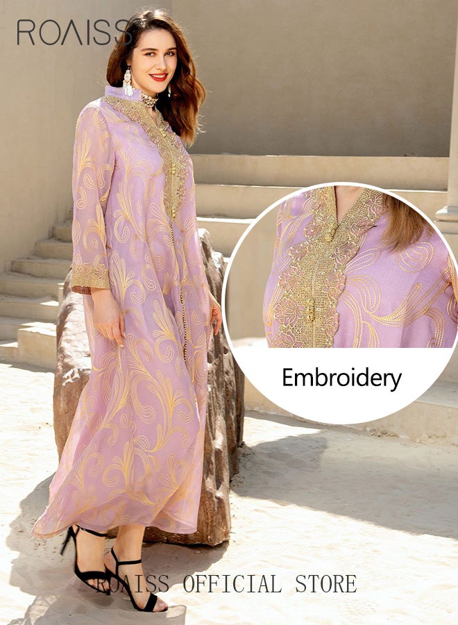 roaiss Women Muslim Long Sleeve Abaya Middle Eastern Flowing Dress Loose Fit Suitable for Everyday Wear Printed Pattern Suitable for Banquets and Parties Light Purple - Image 5
