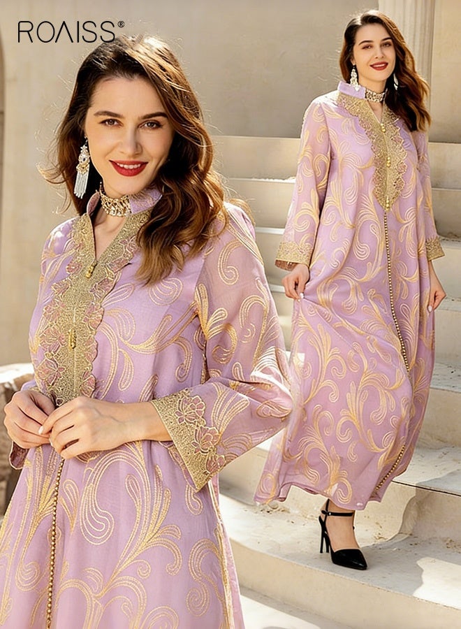 رويس عباية نسائية إسلامية بأكمام طويلة فستان شرق أوسطي متدفق فضفاض مناسب للارتداء اليومي نمط مطبوع مناسب للولائم والحفلات أرجواني فاتح - Image 1