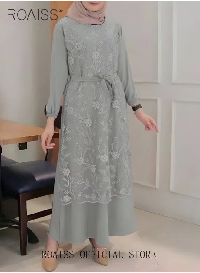 roaiss - Women's Round Neck Gown Lace Decoration Long Sleeve Waisted Loose Long Dress - Image 1
