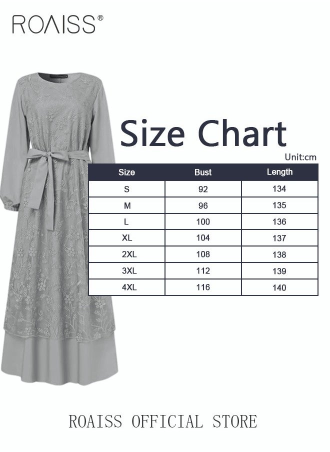 roaiss - Women's Round Neck Gown Lace Decoration Long Sleeve Waisted Loose Long Dress - Image 1