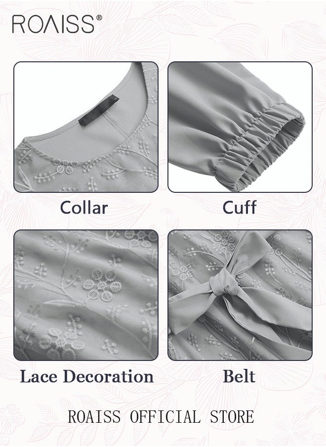 roaiss - Women's Round Neck Gown Lace Decoration Long Sleeve Waisted Loose Long Dress - Image 1
