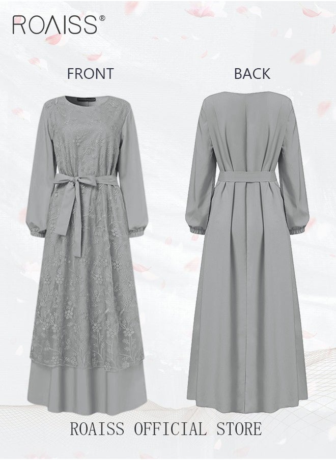 roaiss - Women's Round Neck Gown Lace Decoration Long Sleeve Waisted Loose Long Dress - Image 1