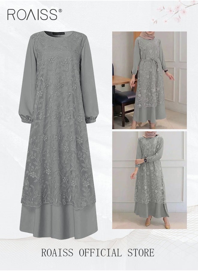 roaiss - Women's Round Neck Gown Lace Decoration Long Sleeve Waisted Loose Long Dress - Image 1