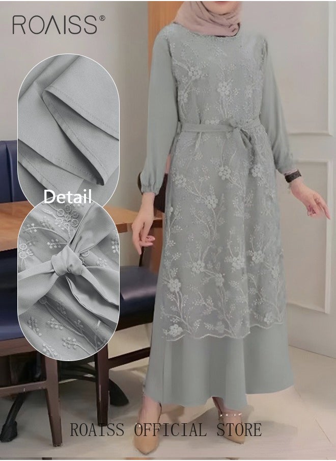 roaiss - Women's Round Neck Gown Lace Decoration Long Sleeve Waisted Loose Long Dress - Image 1