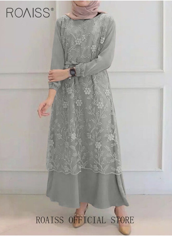 roaiss - Women's Round Neck Gown Lace Decoration Long Sleeve Waisted Loose Long Dress - Image 1