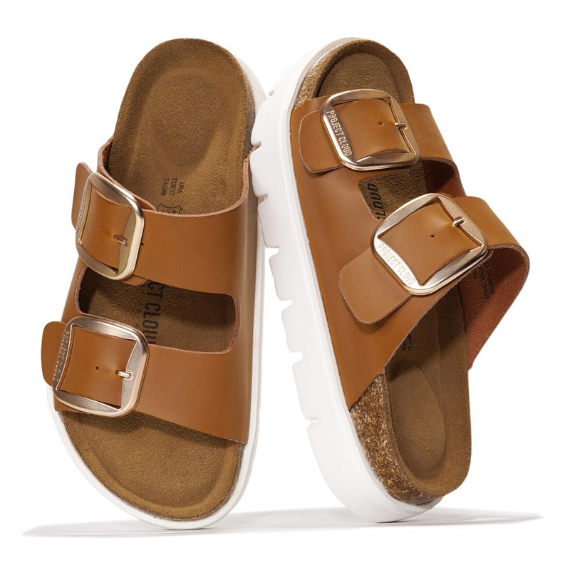 Project Cloud 100% Genuine Leather Platform Sandals Women Footwear - Wedge Chunky Slides for Women 2026 with Memory Foam Insole & Cork Footbed Womens Sandals (GreeceChunky) - Image 1