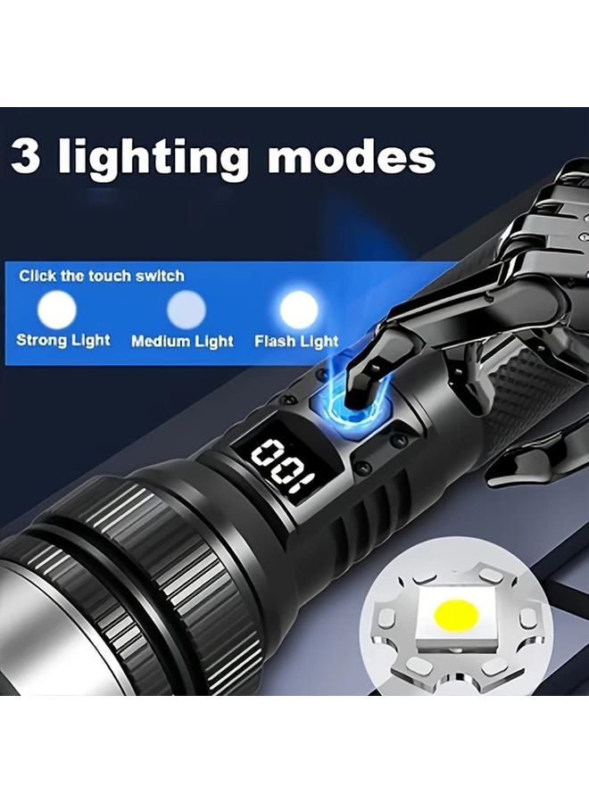 Black Powerful LED Flashlight With Zoom Digital Display Type C Rechargeable For Camping Hiking - Image 3