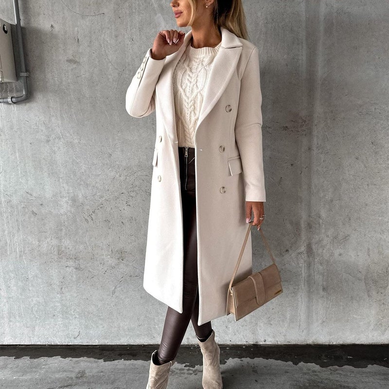 woobles Women's Faux Wool Notch Lapel Double Breasted Trench Belted Mid Long Outwear Winter Coat Slim Long Pea Coat Overcoat Medium 002-beige - Image 5