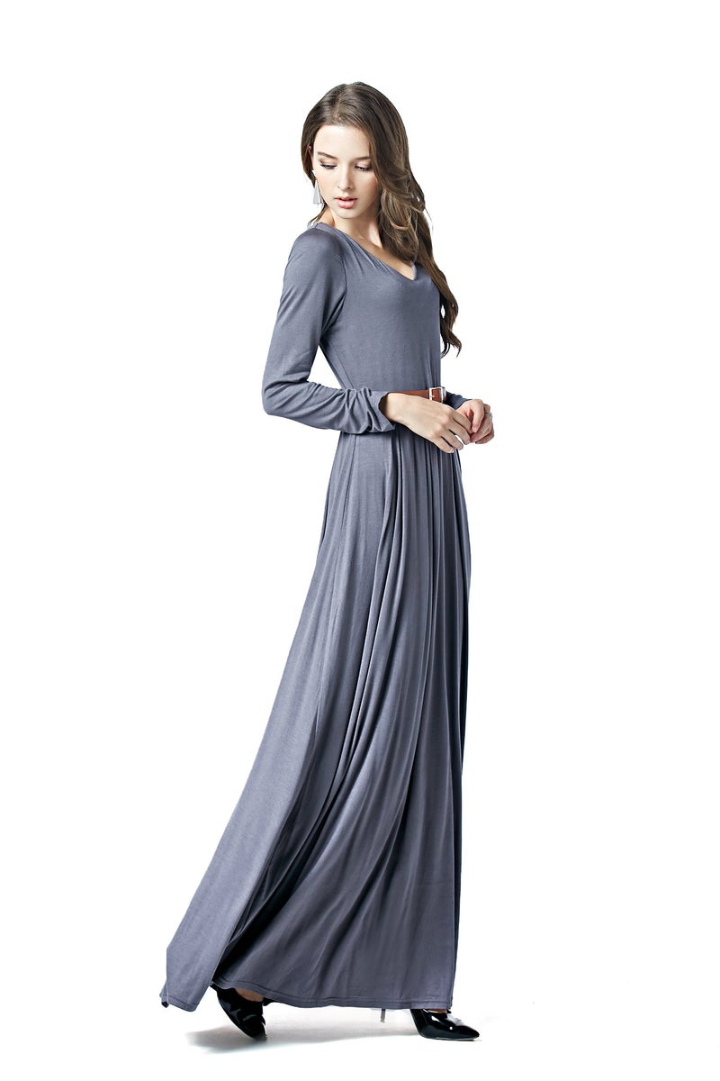 Charm Your Prince CYP Women's V-Neck Long Sleeve Elegant Formal Cocktail Evening Belted Maxi Dress Grey Small - Image 5