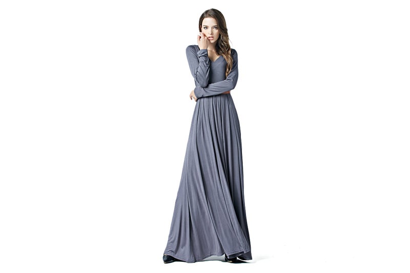 Charm Your Prince CYP Women's V-Neck Long Sleeve Elegant Formal Cocktail Evening Belted Maxi Dress Grey Small - Image 2