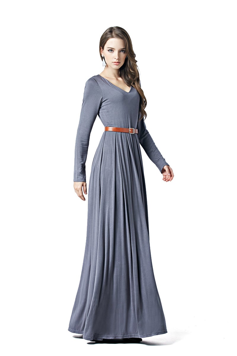 Charm Your Prince CYP Women's V-Neck Long Sleeve Elegant Formal Cocktail Evening Belted Maxi Dress Grey Small - Image 1
