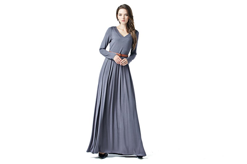 Charm Your Prince CYP Women's V-Neck Long Sleeve Elegant Formal Cocktail Evening Belted Maxi Dress Grey Small - Image 3