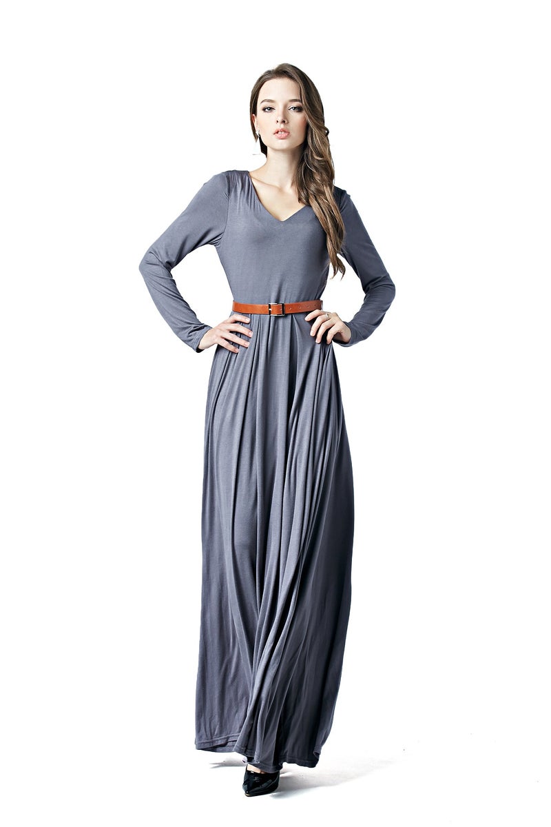 Charm Your Prince CYP Women's V-Neck Long Sleeve Elegant Formal Cocktail Evening Belted Maxi Dress Grey Small - Image 4