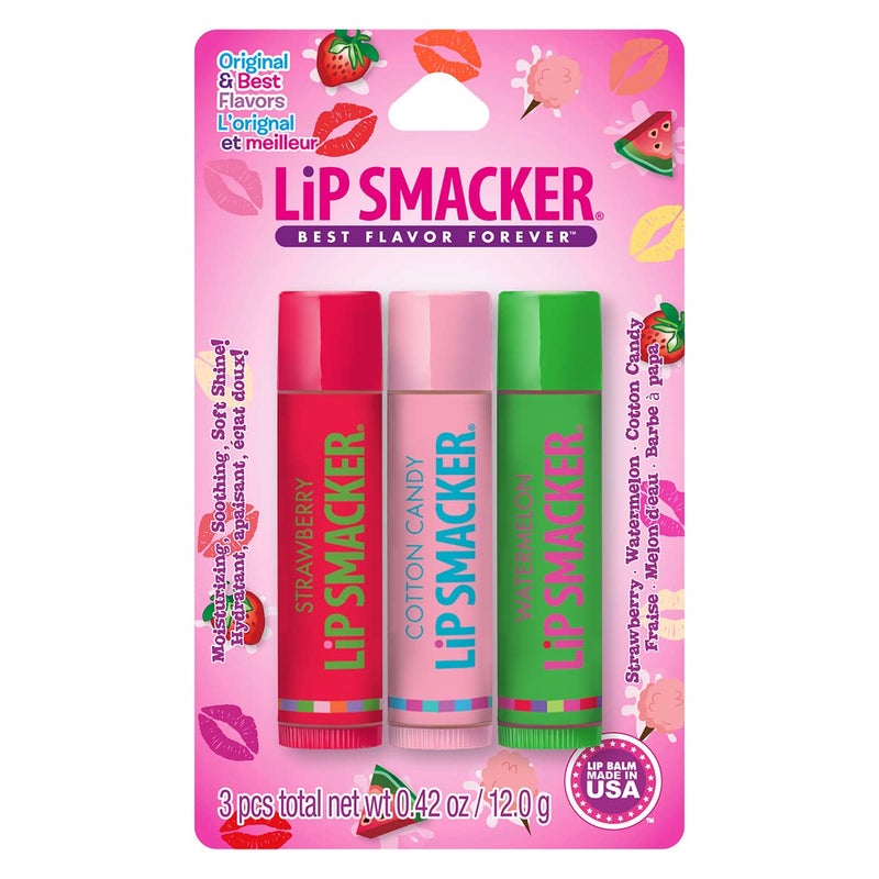 Lip Smacker ثلاثي بلسم الشفاه بنكهة ليب سماكرز الأصلي والأفضل، فراولة بطيخ، حلوى قطن، غير لامع، للأطفال، النساء، الرجال، 3 قطع (عبوة من 1) - Image 1