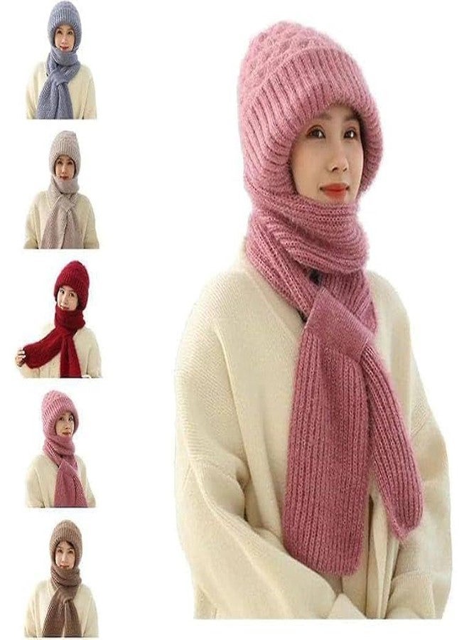 DREWIT STAR Women scap, 2 in 1 Winter Scarf, Women Winter Knitted Warm Hat with Scarf,Ear Protection Pompom Woolen Hat for Adult Brown (Multicolour) - Image 2