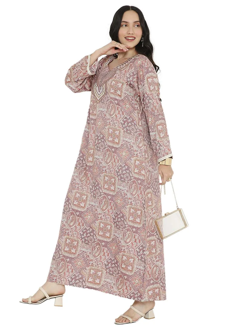HANA & SARA CREATIVE PRINTED DESIGN WITH STYLISH EMBROIDERY LONG VISCOSE ARABIC KAFTAN JALABIYA DRESS