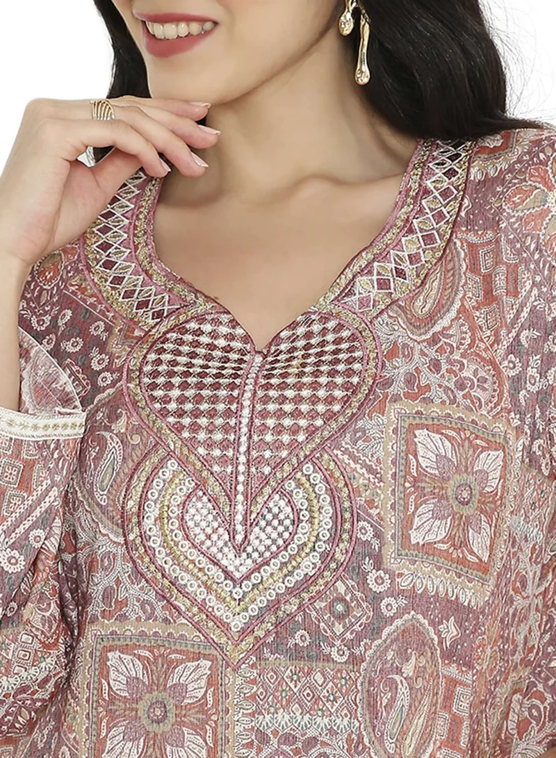HANA & SARA CREATIVE PRINTED DESIGN WITH STYLISH EMBROIDERY LONG VISCOSE ARABIC KAFTAN JALABIYA DRESS