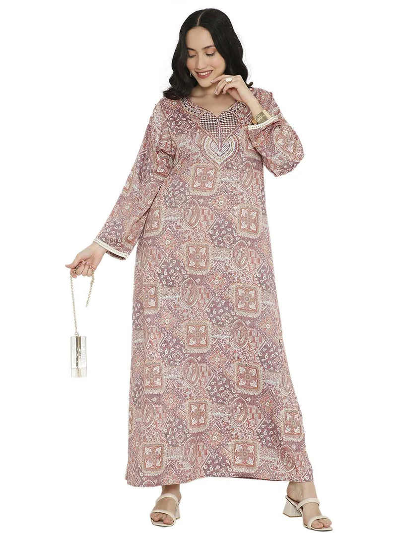HANA & SARA CREATIVE PRINTED DESIGN WITH STYLISH EMBROIDERY LONG VISCOSE ARABIC KAFTAN JALABIYA DRESS