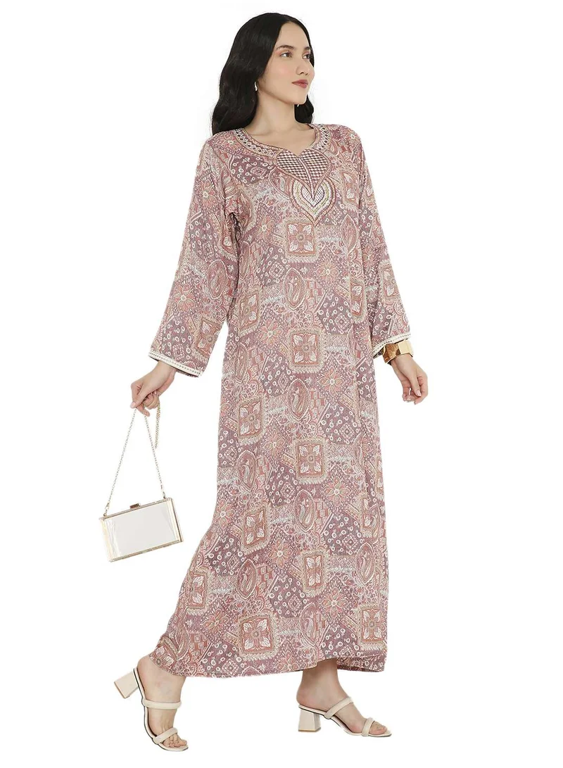 HANA & SARA CREATIVE PRINTED DESIGN WITH STYLISH EMBROIDERY LONG VISCOSE ARABIC KAFTAN JALABIYA DRESS