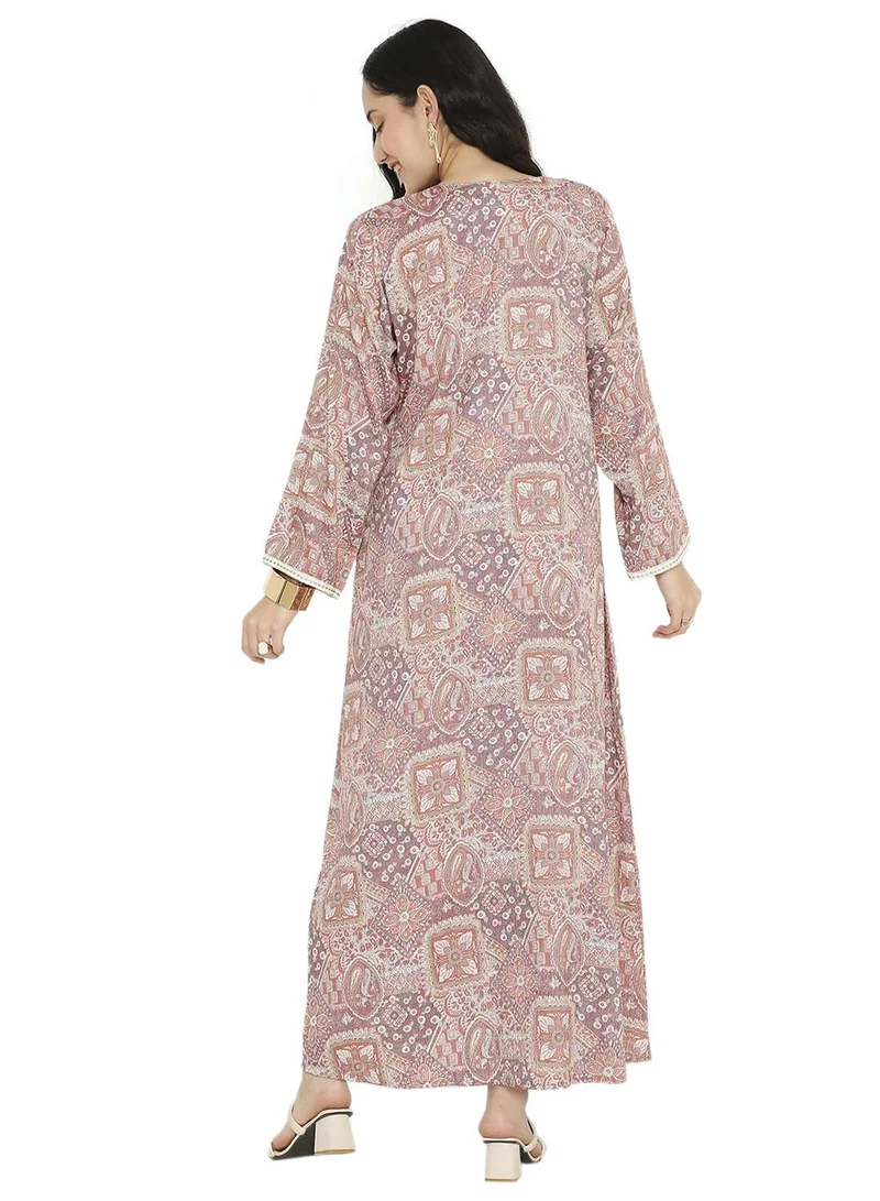 HANA & SARA CREATIVE PRINTED DESIGN WITH STYLISH EMBROIDERY LONG VISCOSE ARABIC KAFTAN JALABIYA DRESS