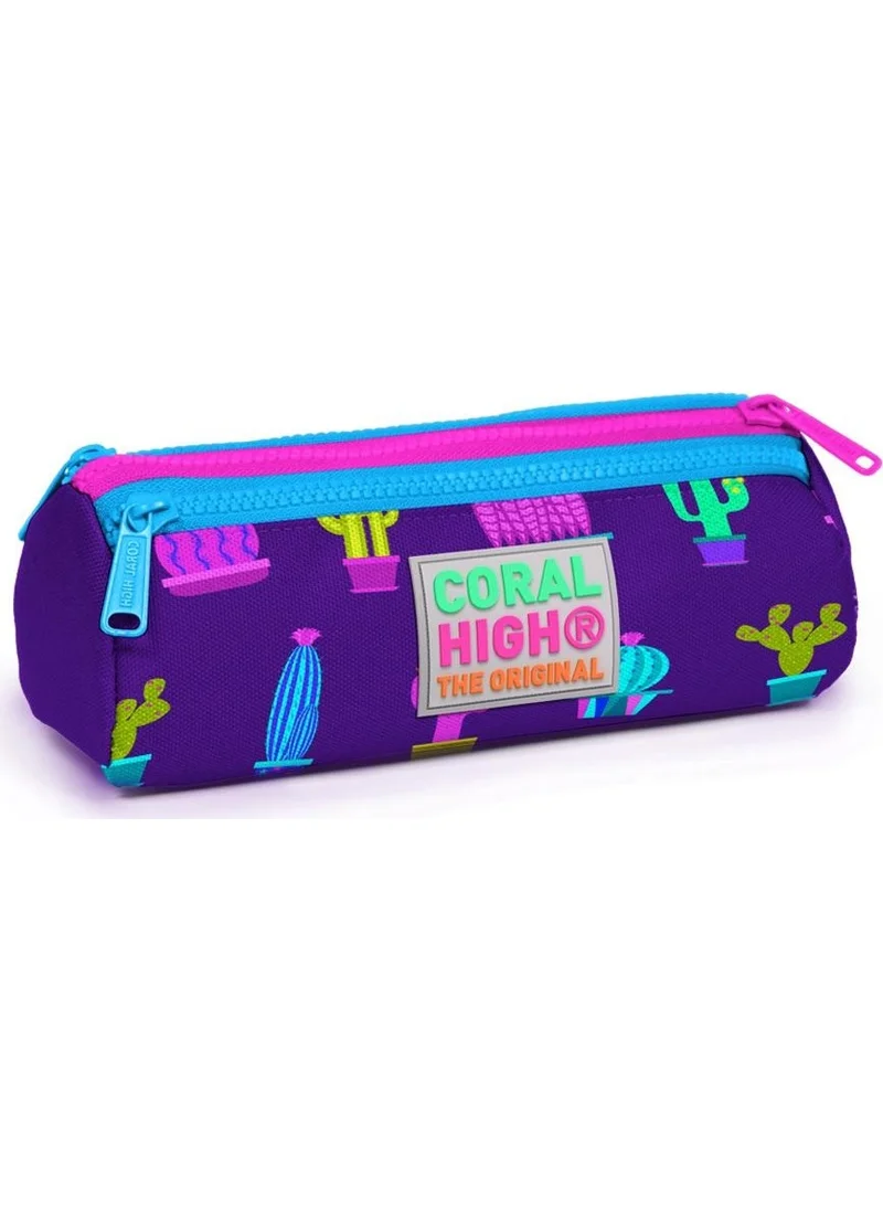 CORAL HIGH Kids Purple Cactus Patterned Three Compartment Pencil Bag 22313