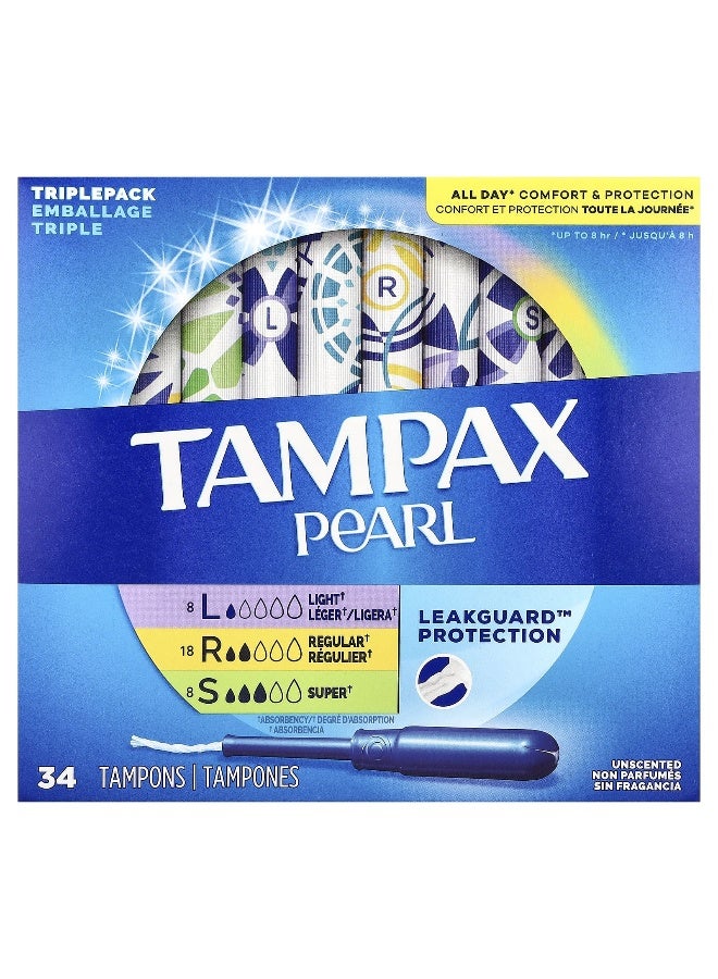 Tampax, Pearl Tampons, Triple Pack, Light/Regular/Super, Unscented, 34 Tampons - Image 1