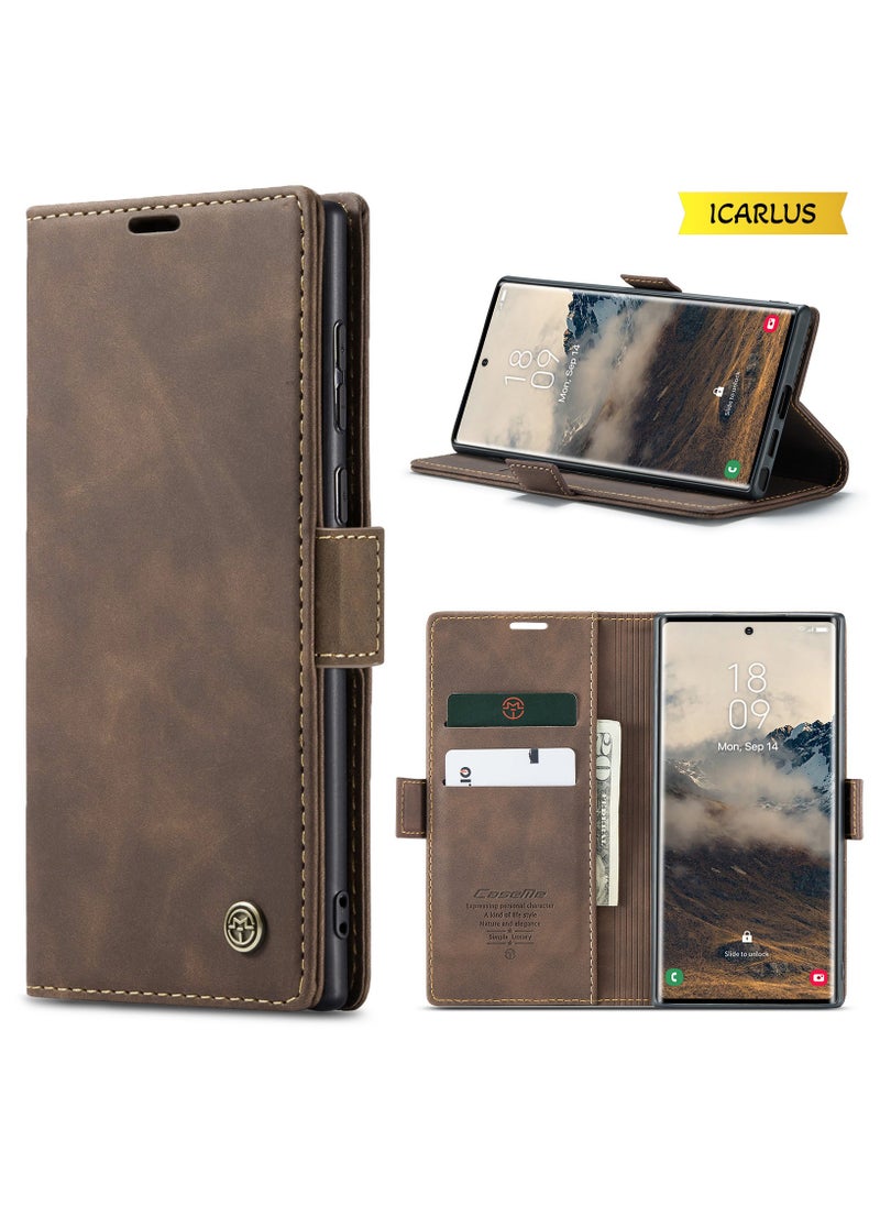ICARLUS For Samsung Galaxy S25 Ultra Case PU Leather Stand View Business Phone Cover - Coffee  - Image 1