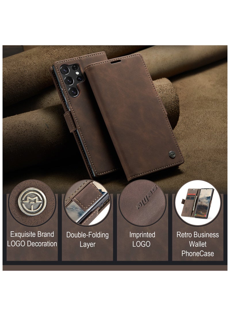 ICARLUS For Samsung Galaxy S25 Ultra Case PU Leather Stand View Business Phone Cover - Coffee  - Image 5