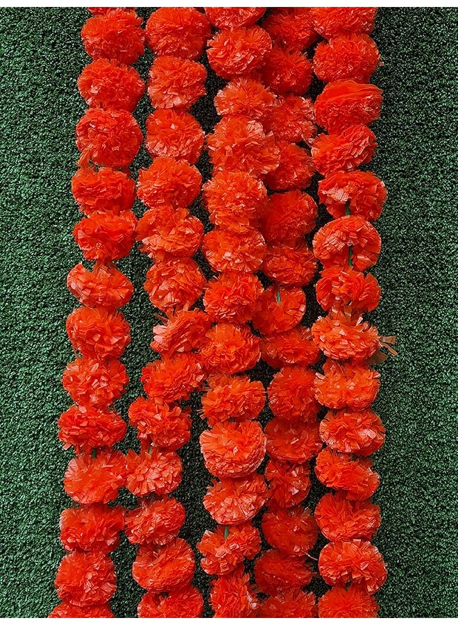 The Bros Dark Orange 5 Feet Long Strands Marigold Garlands, Flower Garland, Indian Wedding Flowers, Diwali Marigold, Set of 5, Party Decor, Wedding, Deepavali - Image 1