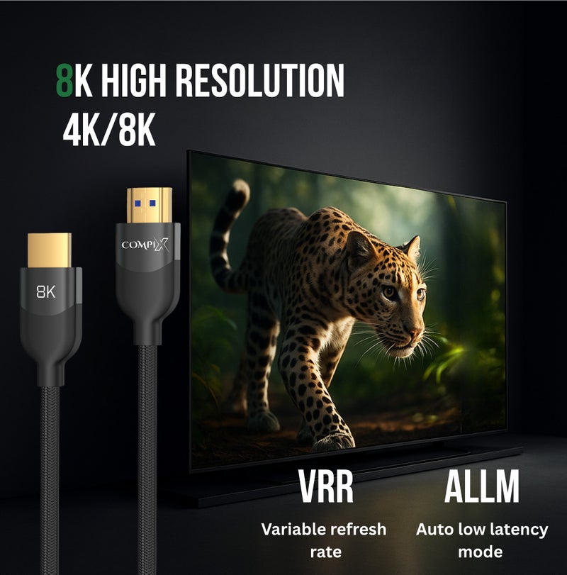 COMPIX HDMI 2.1 Cable 1.5M, High-Speed HDMI Cord 48Gbps, 8K@60Hz, 4K@120/144Hz, Braided Cord Supports eARC/Dolby/HDR 10+/HDCP 2.2&2.3, Compatible with PS5/PS4, Xbox, MacBook Pro, Projector, Blu-ray, TV - Image 4