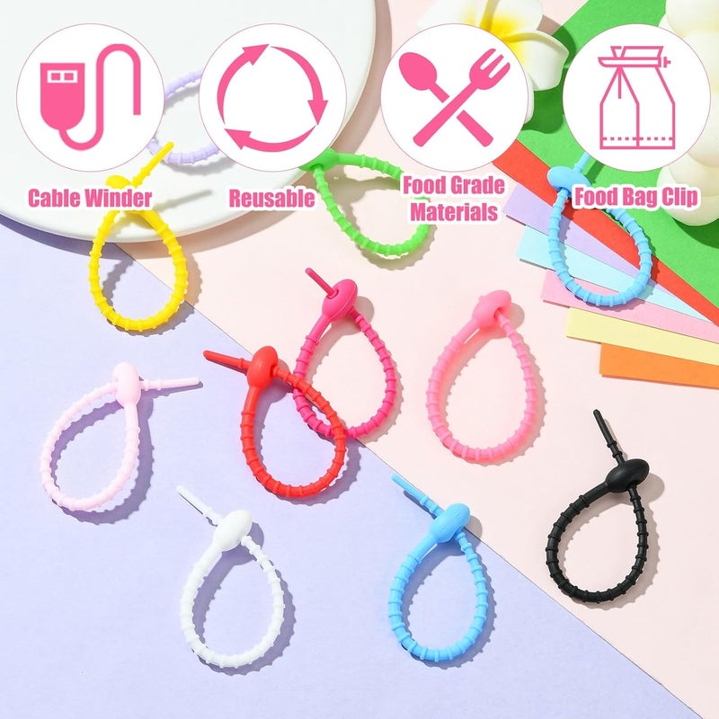 Ipotkitt 100pcs 10 Colors Oval Shape Silicone Zip Ties Reusable Twist Zip Ties Cord Organizer Rubber Straps for Home Office Table Desk Wire Management - Image 3