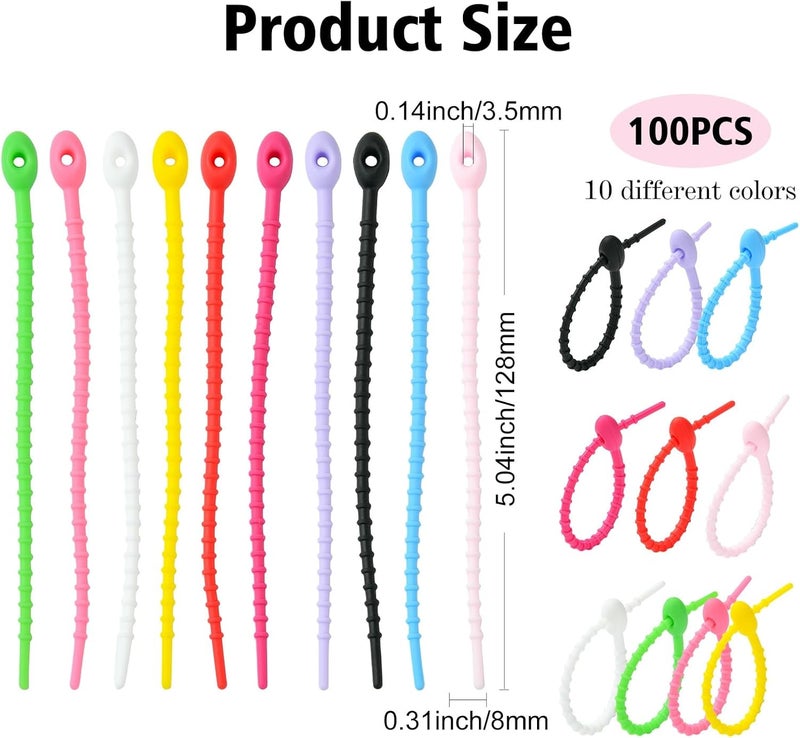 Ipotkitt 100pcs 10 Colors Oval Shape Silicone Zip Ties Reusable Twist Zip Ties Cord Organizer Rubber Straps for Home Office Table Desk Wire Management - Image 2