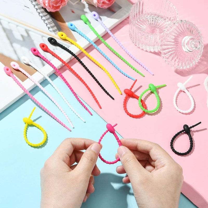 Ipotkitt 100pcs 10 Colors Oval Shape Silicone Zip Ties Reusable Twist Zip Ties Cord Organizer Rubber Straps for Home Office Table Desk Wire Management - Image 4