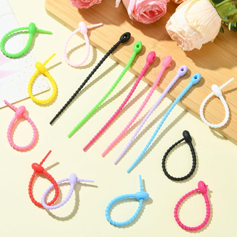Ipotkitt 100pcs 10 Colors Oval Shape Silicone Zip Ties Reusable Twist Zip Ties Cord Organizer Rubber Straps for Home Office Table Desk Wire Management - Image 5