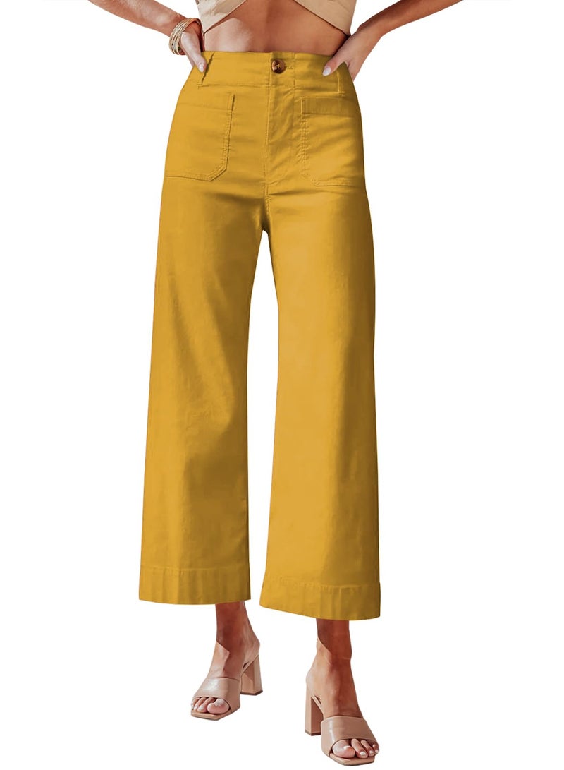 miduo Womens Pants 2026 Loose Button High Waisted Cropped Capris Wide Leg Straight Leg Pants with Pockets Yellow 30 - Image 1