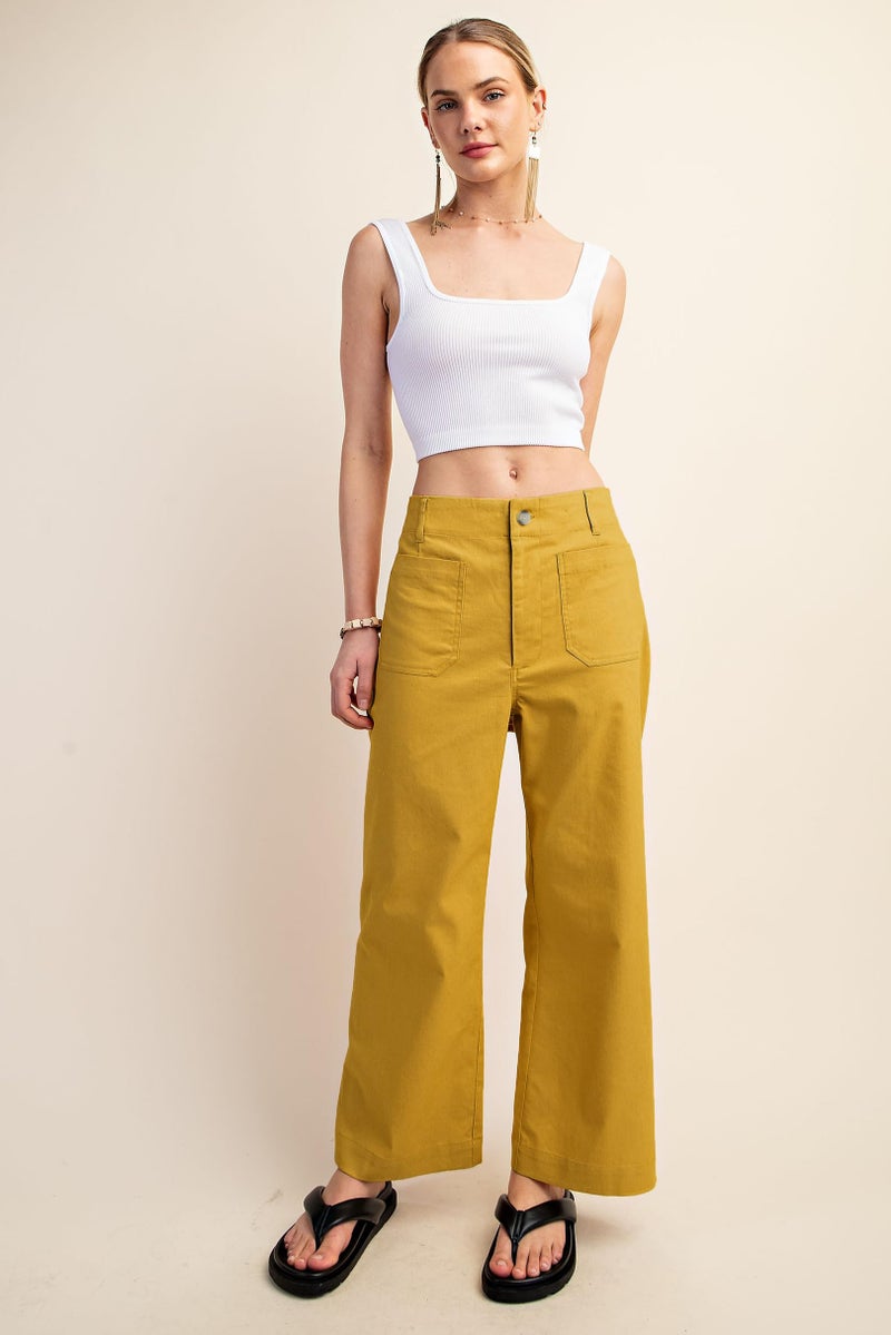 miduo Womens Pants 2026 Loose Button High Waisted Cropped Capris Wide Leg Straight Leg Pants with Pockets Yellow 30 - Image 3