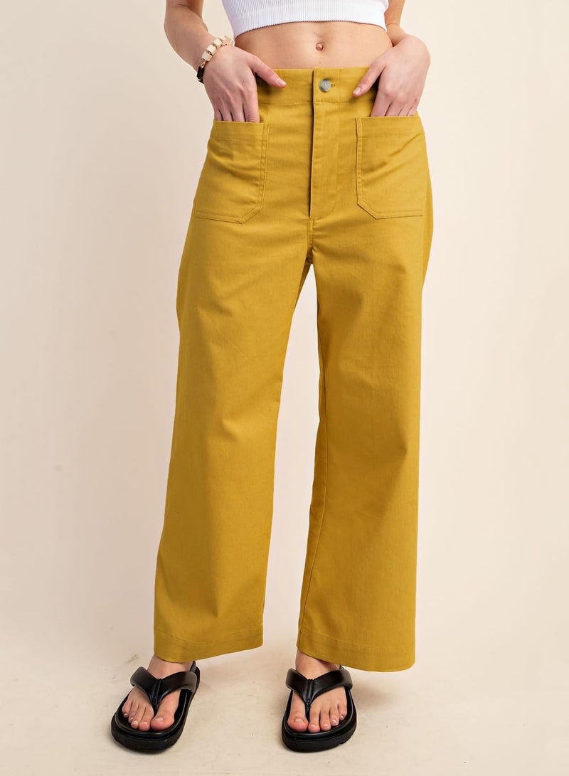 miduo Womens Pants 2026 Loose Button High Waisted Cropped Capris Wide Leg Straight Leg Pants with Pockets Yellow 30 - Image 2