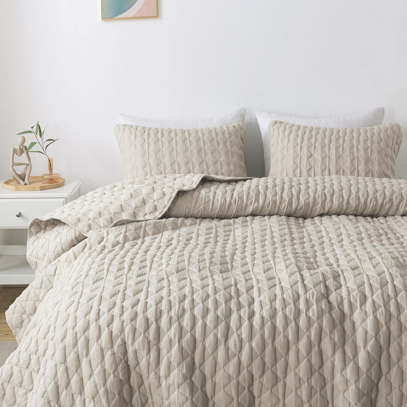 WDCOZY Light Beige Quilts Queen Size Bedding Set with 2 Pillow Shams, Lightweight Soft Full Bedspread Coverlet, Thin Comforter Bed Cover for All Season, 3 Pieces, 90x90 inches - Image 3