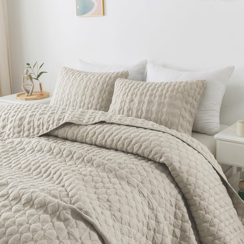 WDCOZY Light Beige Quilts Queen Size Bedding Set with 2 Pillow Shams, Lightweight Soft Full Bedspread Coverlet, Thin Comforter Bed Cover for All Season, 3 Pieces, 90x90 inches - Image 1