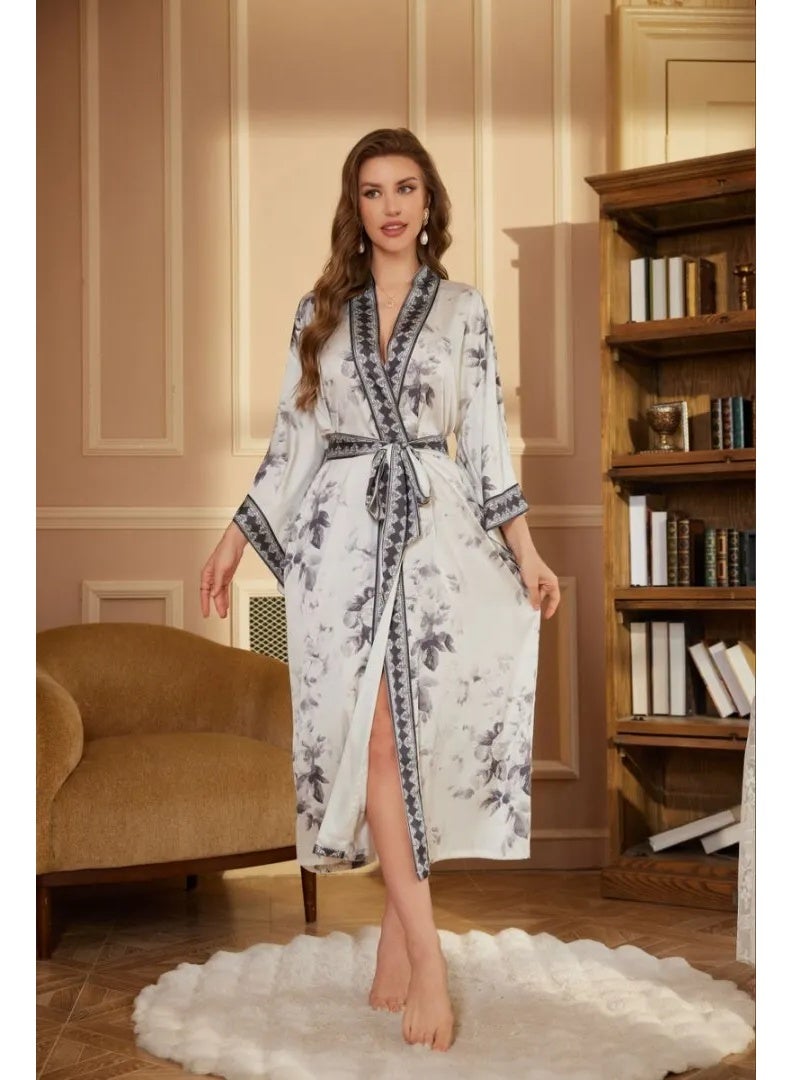 Closme Soft Silky Satin Chiffon Bathrobe for Women Floral Pattern Kimono Style Long Robe with Belt for Sleep & Loungewear - Image 1