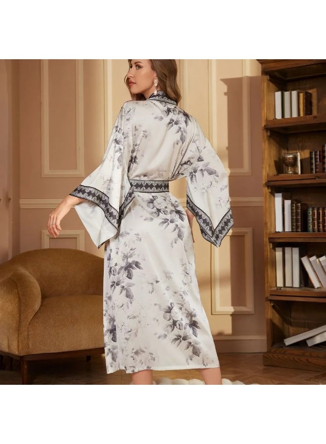 Closme Soft Silky Satin Chiffon Bathrobe for Women Floral Pattern Kimono Style Long Robe with Belt for Sleep & Loungewear - Image 2