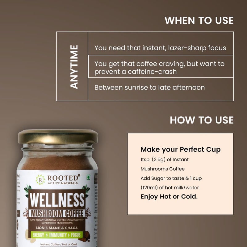 Rooted Active's Premium Adaptogenic Mushroom Coffee with Lions Mane & Chaga Mushrooms for Better Focus, Energy, Digestion, Superfood Coffee Powder, 100 Grams (KETO Friendly) | Instant Arabica Coffee - Image 5
