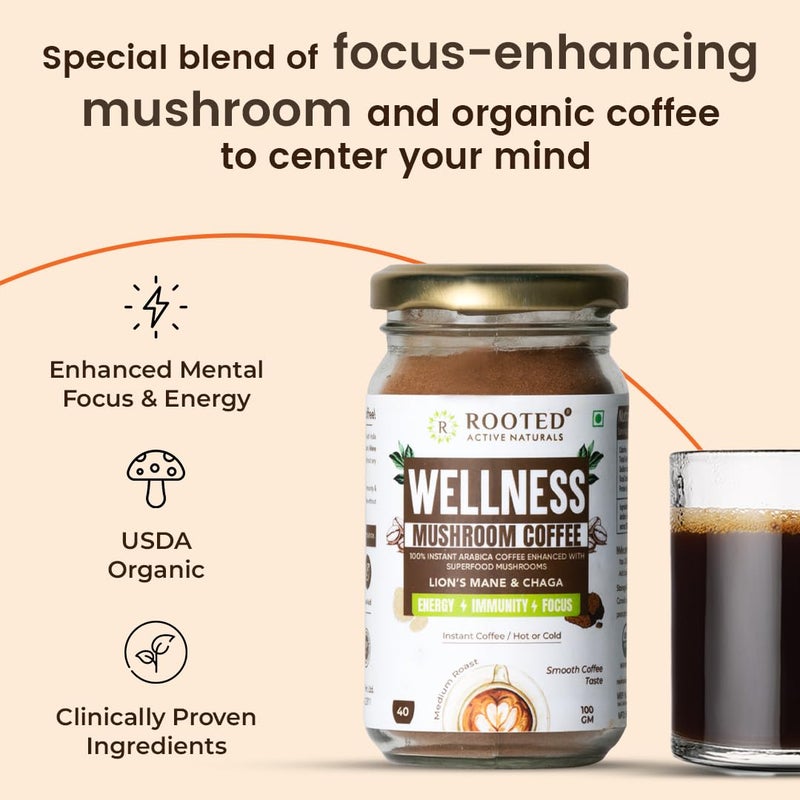 Rooted Active's Premium Adaptogenic Mushroom Coffee with Lions Mane & Chaga Mushrooms for Better Focus, Energy, Digestion, Superfood Coffee Powder, 100 Grams (KETO Friendly) | Instant Arabica Coffee - Image 3