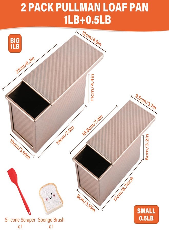 CFGUK 2 Pack Pullman Loaf Pan with Lid, 1 lb/0.5 lb Dough Capacity for Homemade Bread, Non-stick Corrugated Carbon Steel Bread Toast Box with Cover for Bakeware, Sandwich & Toast Oven Baking, Gold - Image 2