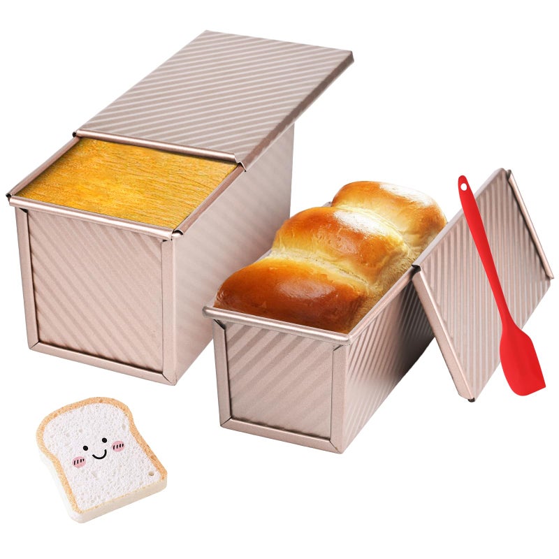 CFGUK 2 Pack Pullman Loaf Pan with Lid, 1 lb/0.5 lb Dough Capacity for Homemade Bread, Non-stick Corrugated Carbon Steel Bread Toast Box with Cover for Bakeware, Sandwich & Toast Oven Baking, Gold - Image 1