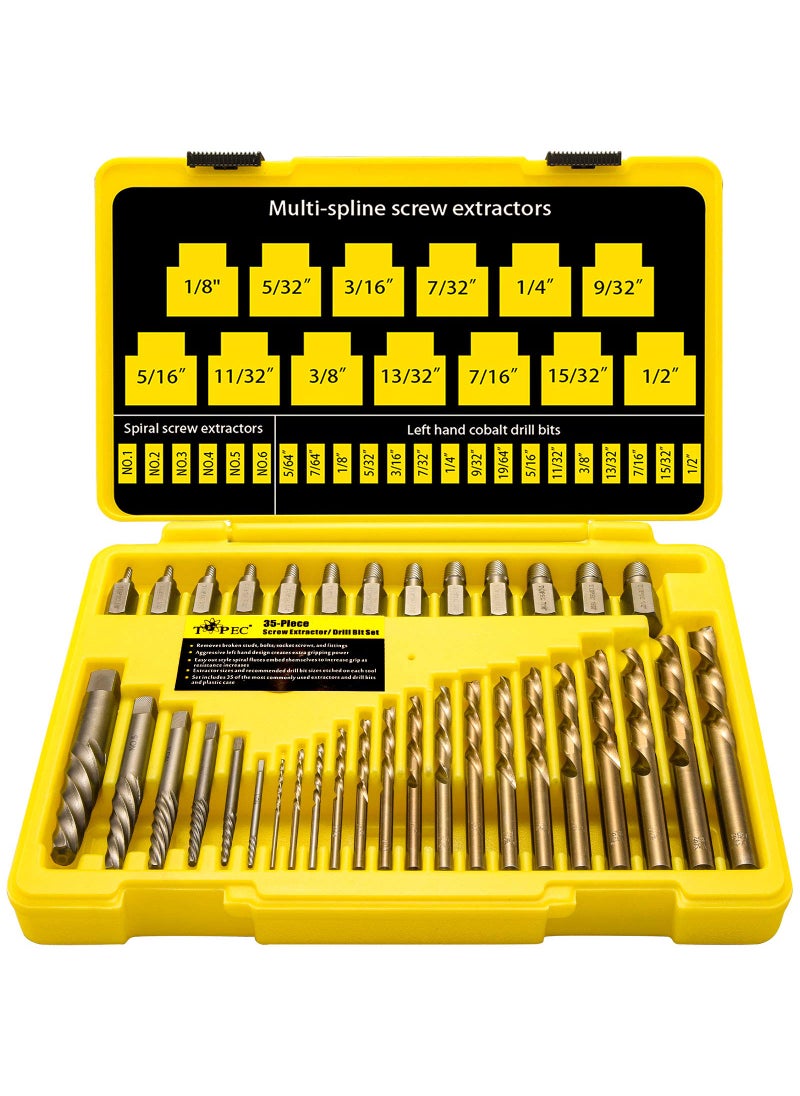 Topec Topec 35-Piece Screw Extractor and Left Hand Drill Bits Set, Easy Out Screw Extractor Set with Reverse Drill Bits, Multi-Spline Extractors for Removing Broken Bolts and Stripped Screws  - Image 1